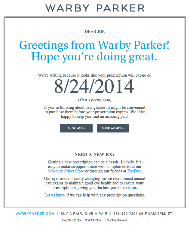 Warby Parker Email Copywriting Example