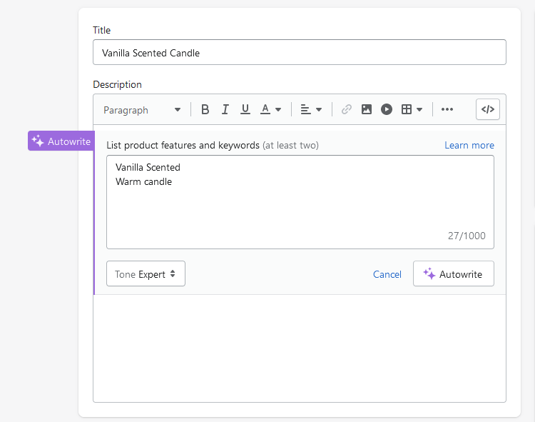 product-descriptions-with-Shopify-AI-autowrite