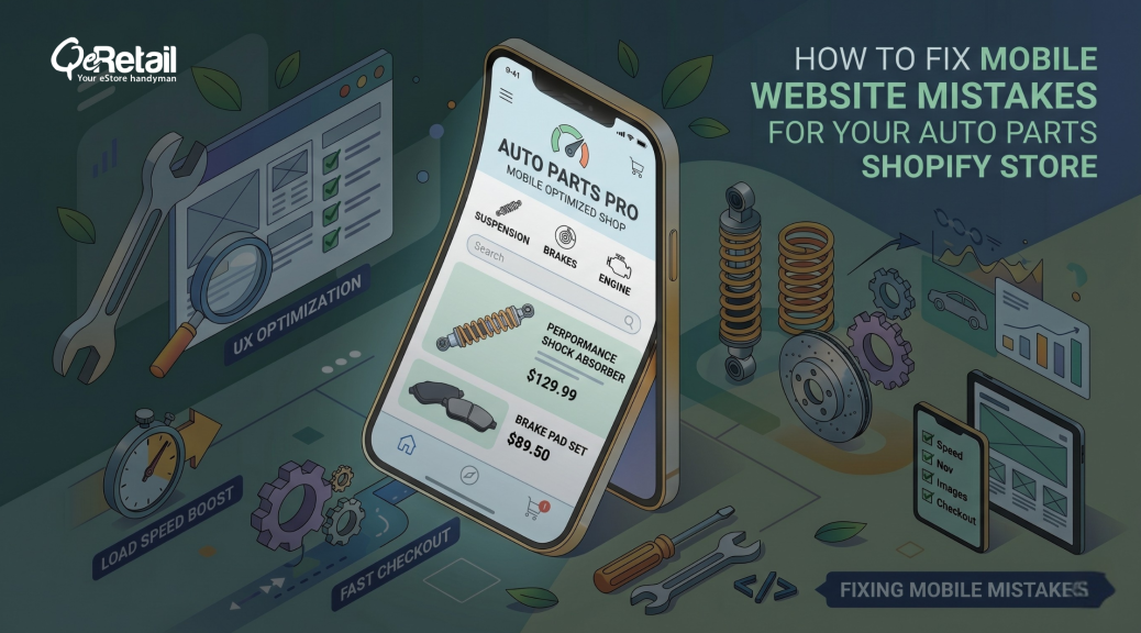 Auto parts ecommerce optimization infographic explaining how to reduce cart abandonment, returns, and mobile drop-offs with fitment confirmation, guest checkout, faster site speed, and improved mobile usability.