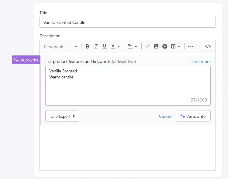product-descriptions-with-Shopify-AI-autowrite
