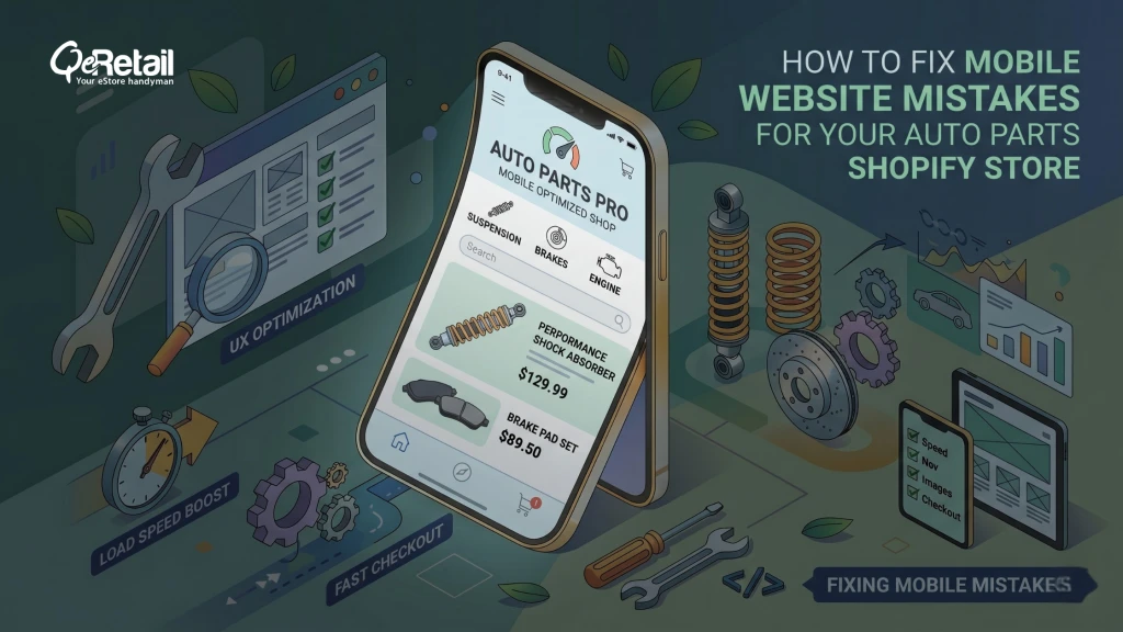 Auto parts ecommerce optimization infographic explaining how to reduce cart abandonment, returns, and mobile drop-offs with fitment confirmation, guest checkout, faster site speed, and improved mobile usability.