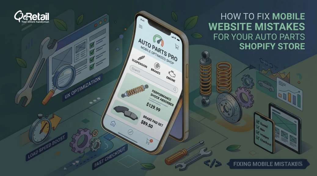 Auto parts ecommerce optimization infographic explaining how to reduce cart abandonment, returns, and mobile drop-offs with fitment confirmation, guest checkout, faster site speed, and improved mobile usability.
