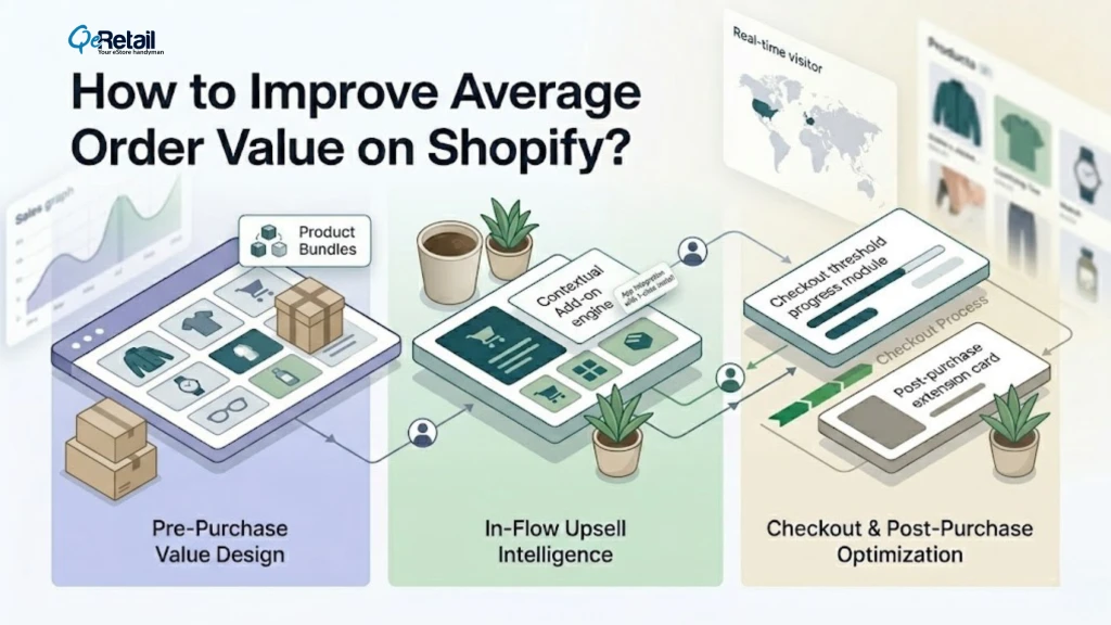 Visual guide on how to improve average order value on Shopify using pre-purchase offers, AI upsells, and checkout optimization.